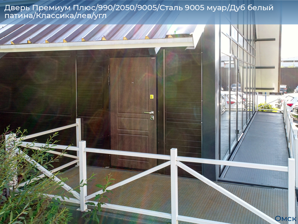 Дверь Премиум Плюс/990/2050/9005/Сталь 9005 муар/Дуб белый патина/Классика/лев/угл, omsk.doorhan.ru